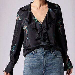 Equipment Femme Mathilda Floral Washed Silk Ruffle Long Sleeve Blouse Womens S